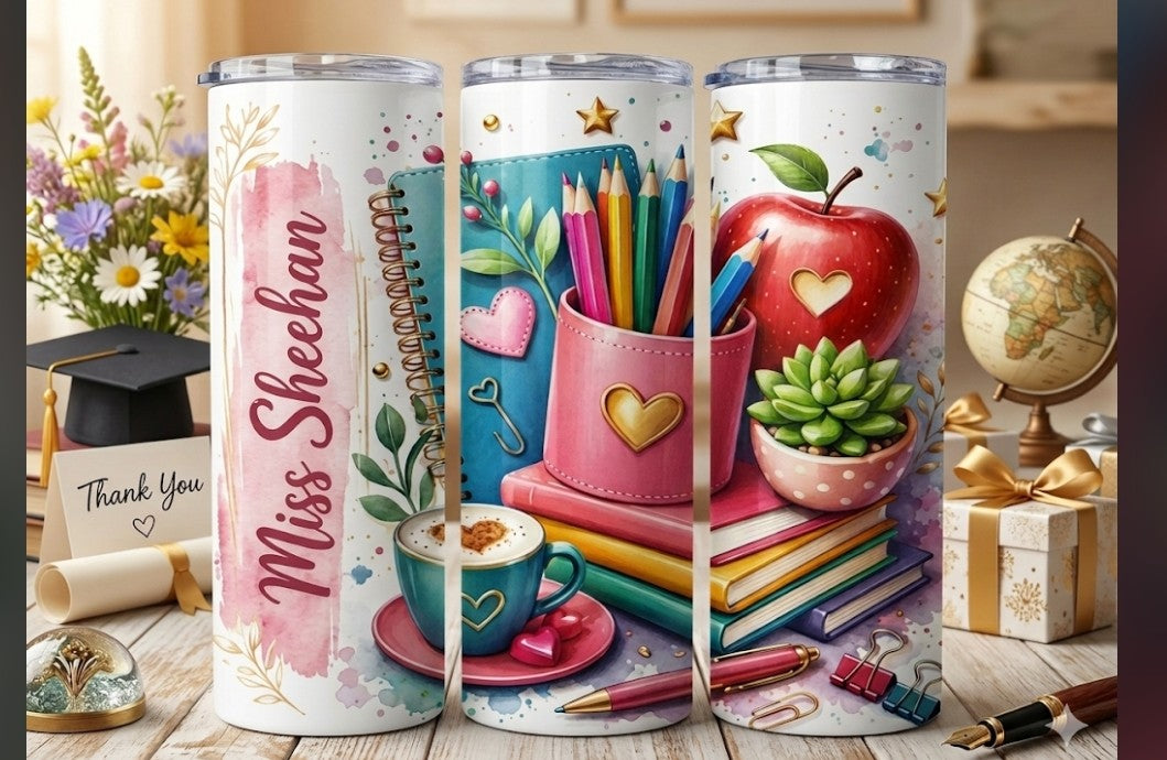 Colorful personalised  teacher coffee tumbler.