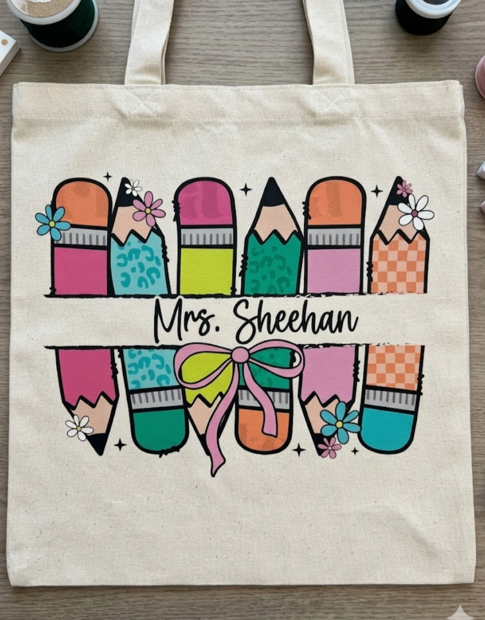 Teacher's tote bag and make up bag/purse, name and pencil design.