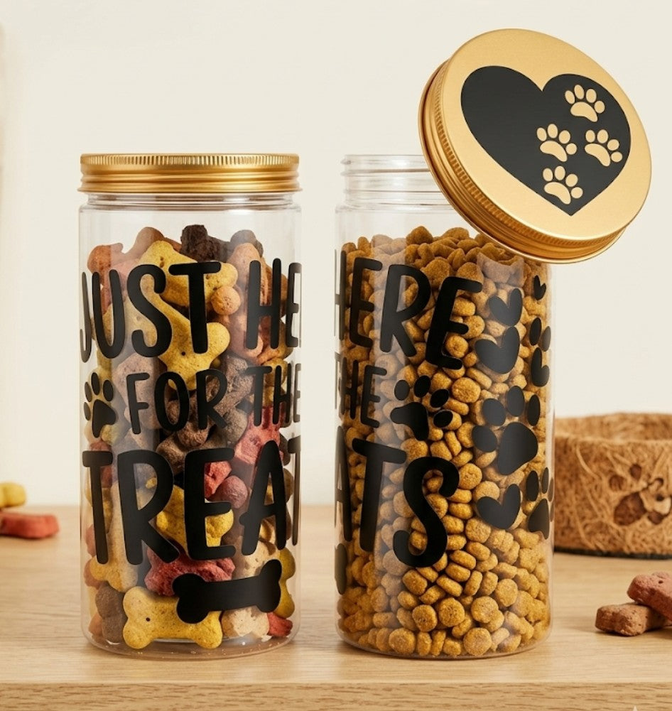 'Just Here For The Treats' pet treat storage jar.