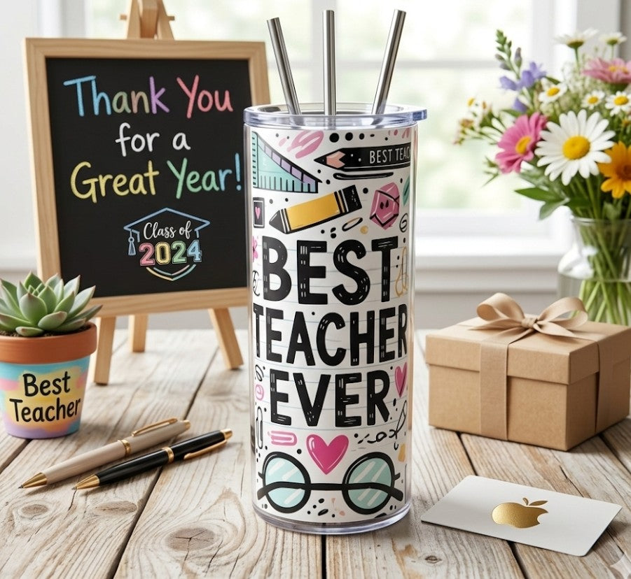 Best Teacher Ever glasses design coffee tumbler.