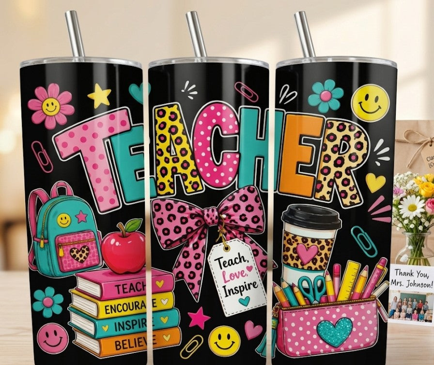 Teacher, teacher, love, inspire Coffee tumbler.
